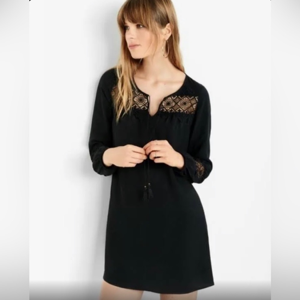 Express Black Long Sleeve Crochet Shift Dress